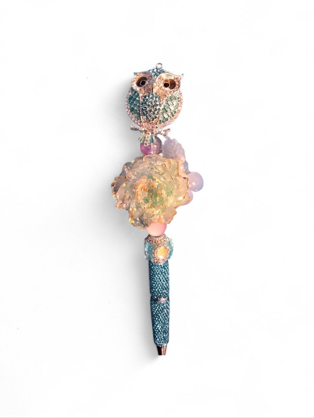Decorative Owl Crystal Ballpoint Pen - Pastel Teal & Gold